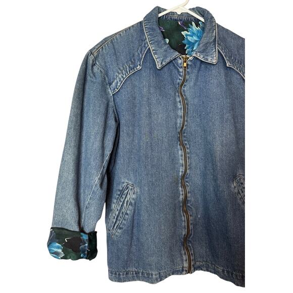 Vintage Denim Blue Jacket with Blue Purple floral lining zip closing size medium - Picture 11 of 14